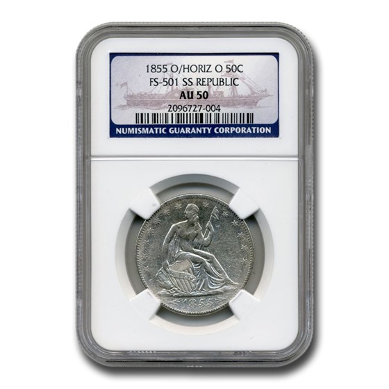 1855-O/Horiz. O Liberty Seated Half AU-50 NGC (SS Republic) 1855-O/Horiz. O Liberty Seated Half AU-50 NGC (SS Republic)